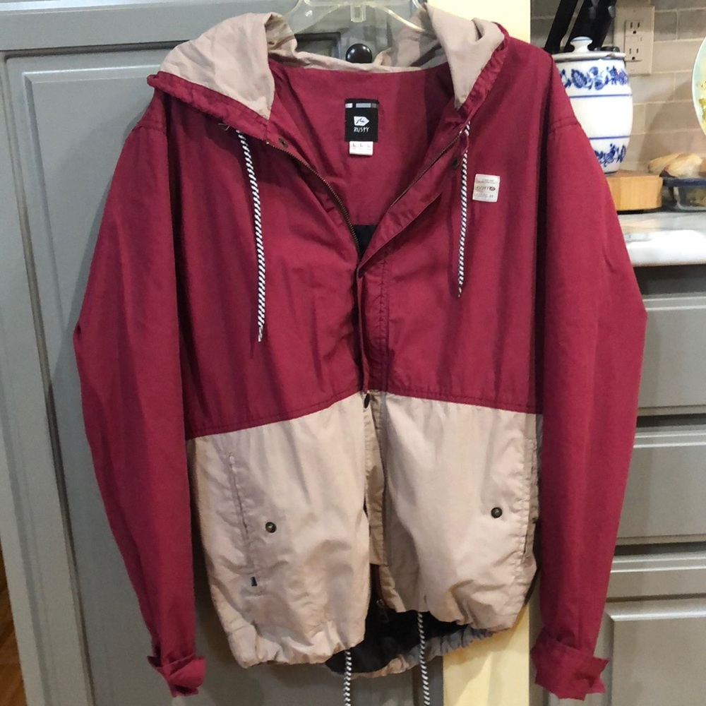 Rusty brand windbreaker, Size L , red and tan with hood